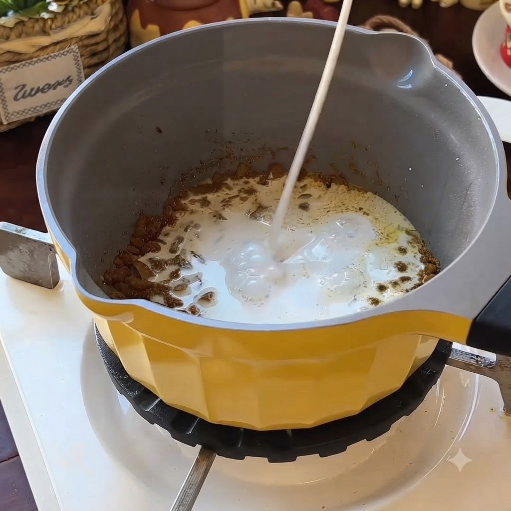 Leche de coco vertiéndose desde un pico hacia una olla amarilla que contiene la mezcla de cebolla especiada.
