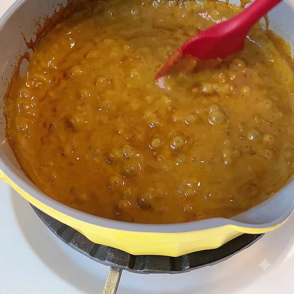 Salsa de curry amarilla espesa hirviendo a fuego lento en una olla amarilla mientras se revuelve con una espátula de silicona roja.