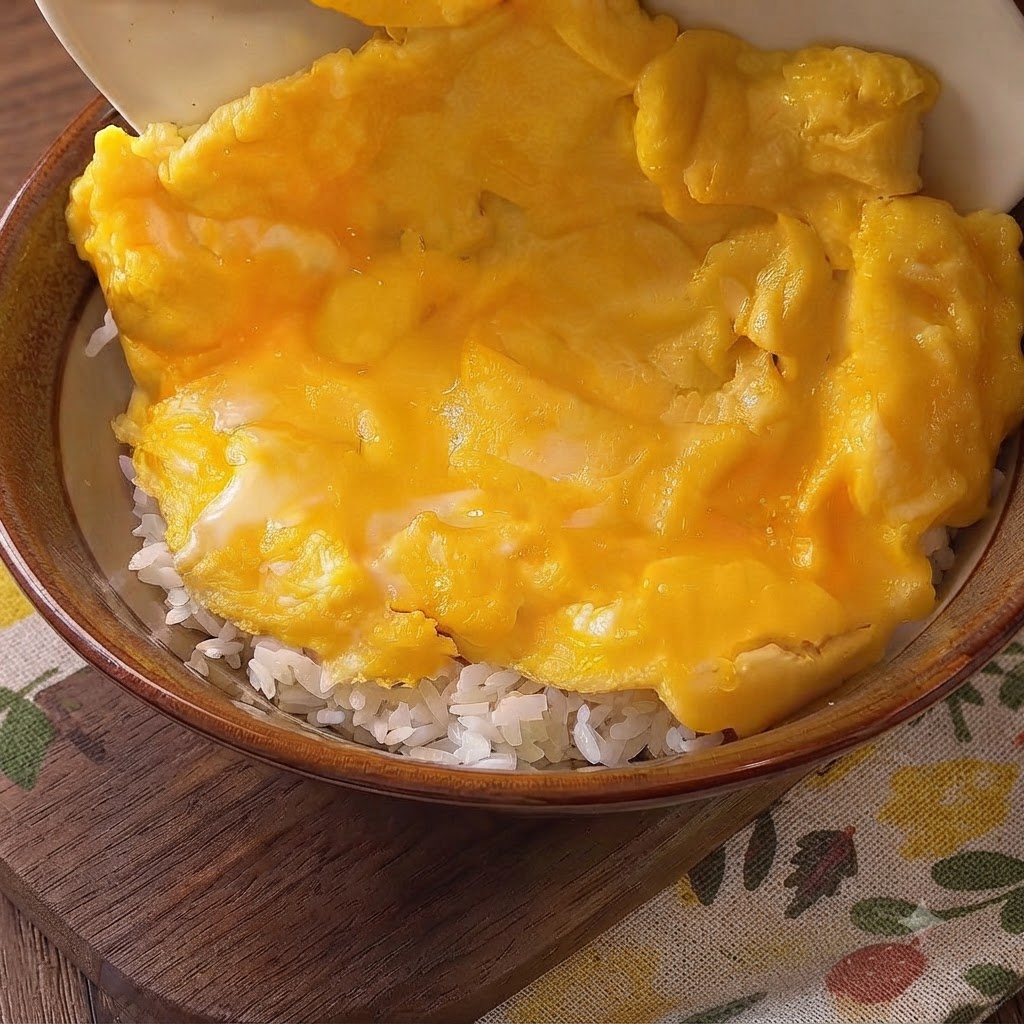 Huevos revueltos amarillos suaves vertiéndose desde un tazón directamente sobre una cama de arroz blanco en un tazón de cerámica.