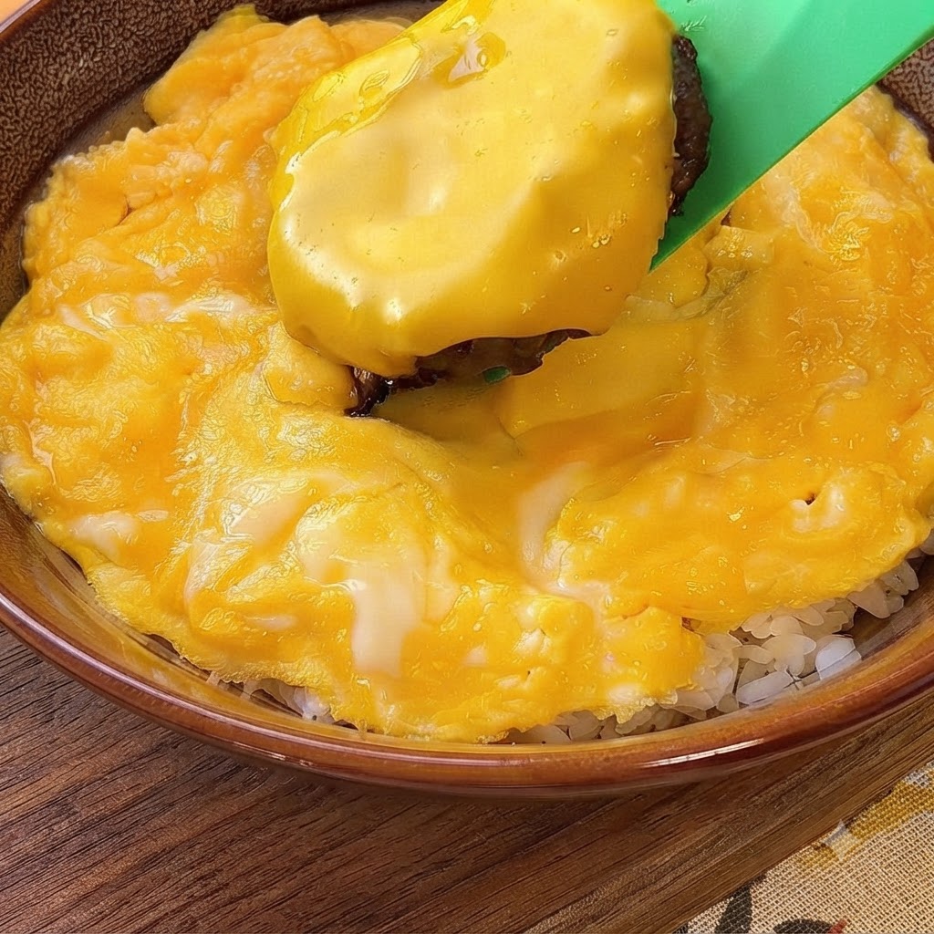 Una hamburguesa con queso siendo levantada con una espátula verde y colocada sobre una cama de huevos revueltos y arroz.
