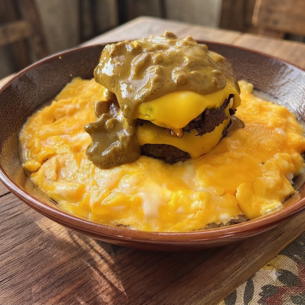 Salsa espesa de curry al coco vertida sobre hamburguesas apiladas con queso, huevos y arroz en un tazón.
