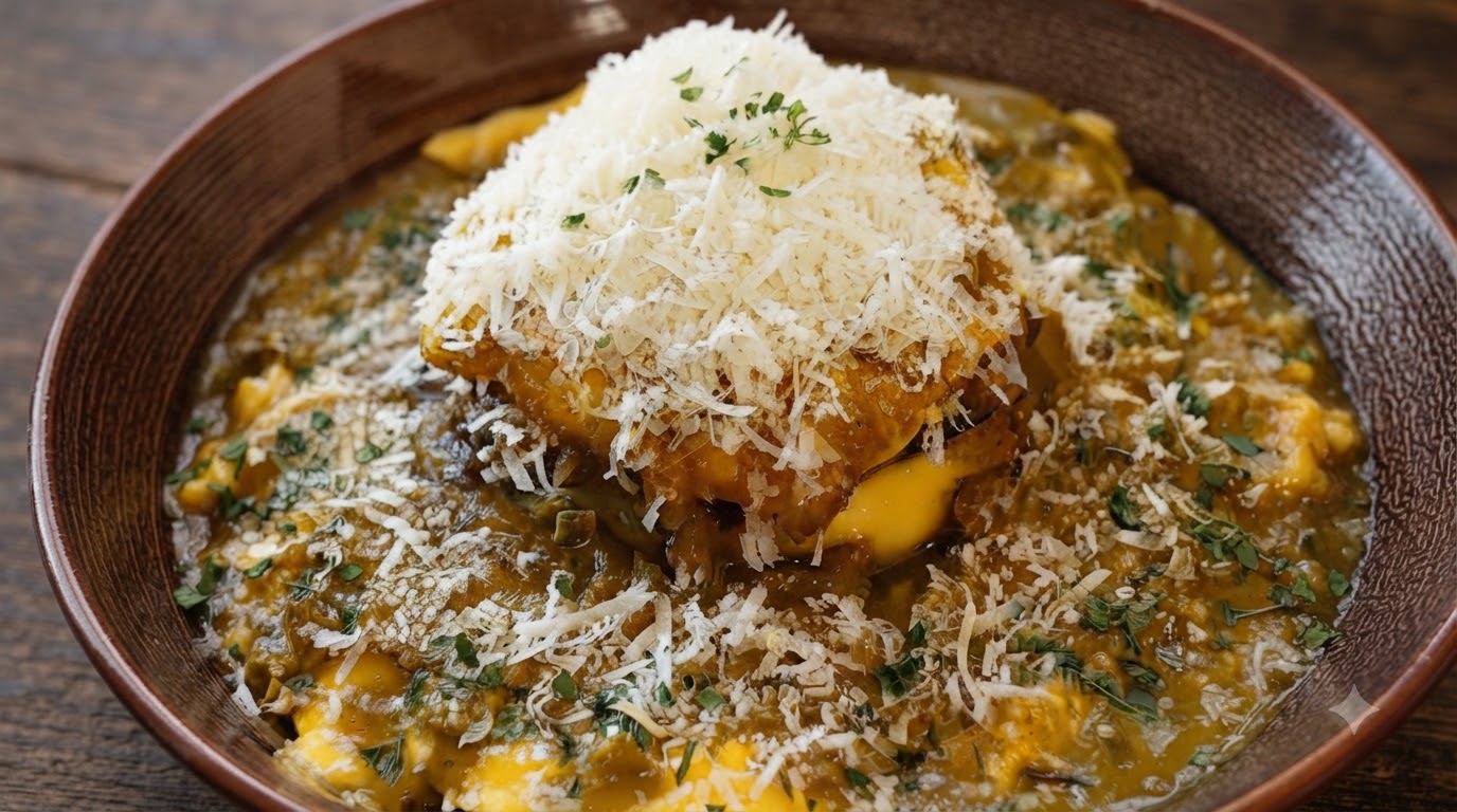 Bistec de Hamburguesa con Queso y Curry sobre Arroz