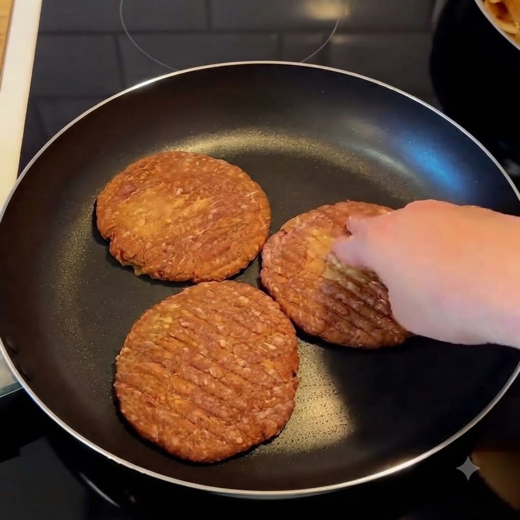 Un primer plano de una mano sazonando tres hamburguesas de carne en una sartén caliente.