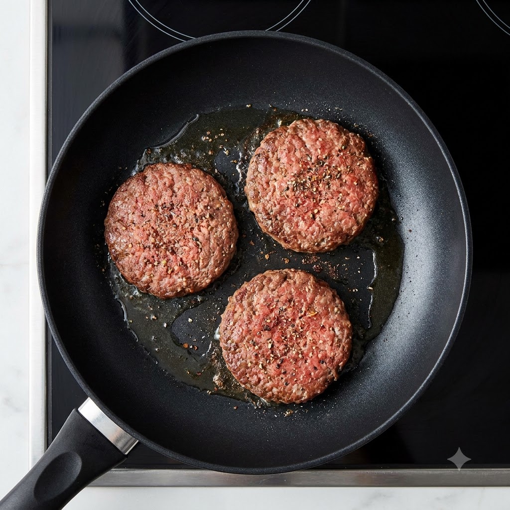Una hamburguesa de carne siendo volteada en una sartén usando una espátula negra.