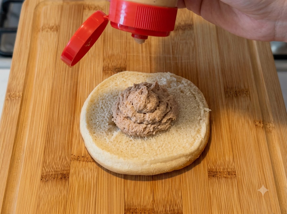 Una botella aplicadora exprimiendo salsa hacia el centro de un pan para hamburguesa cortado.