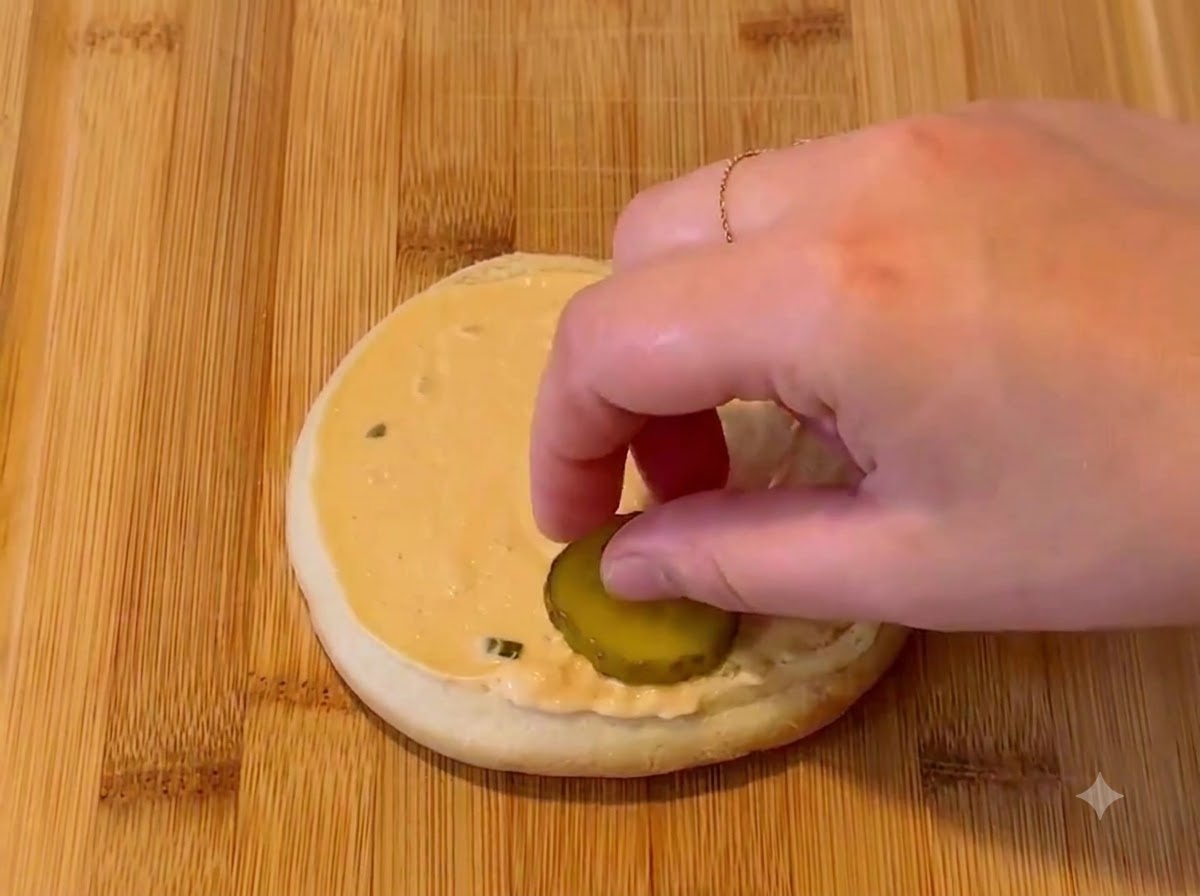 Una mano colocando una rodaja de pepinillo sobre un pan de hamburguesa cubierto con salsa.