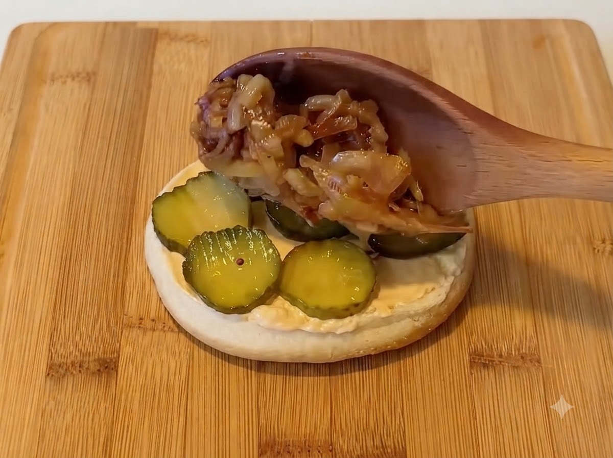Una cuchara de madera sirviendo cebollas caramelizadas sobre las rodajas de pepinillo en un pan de hamburguesa.