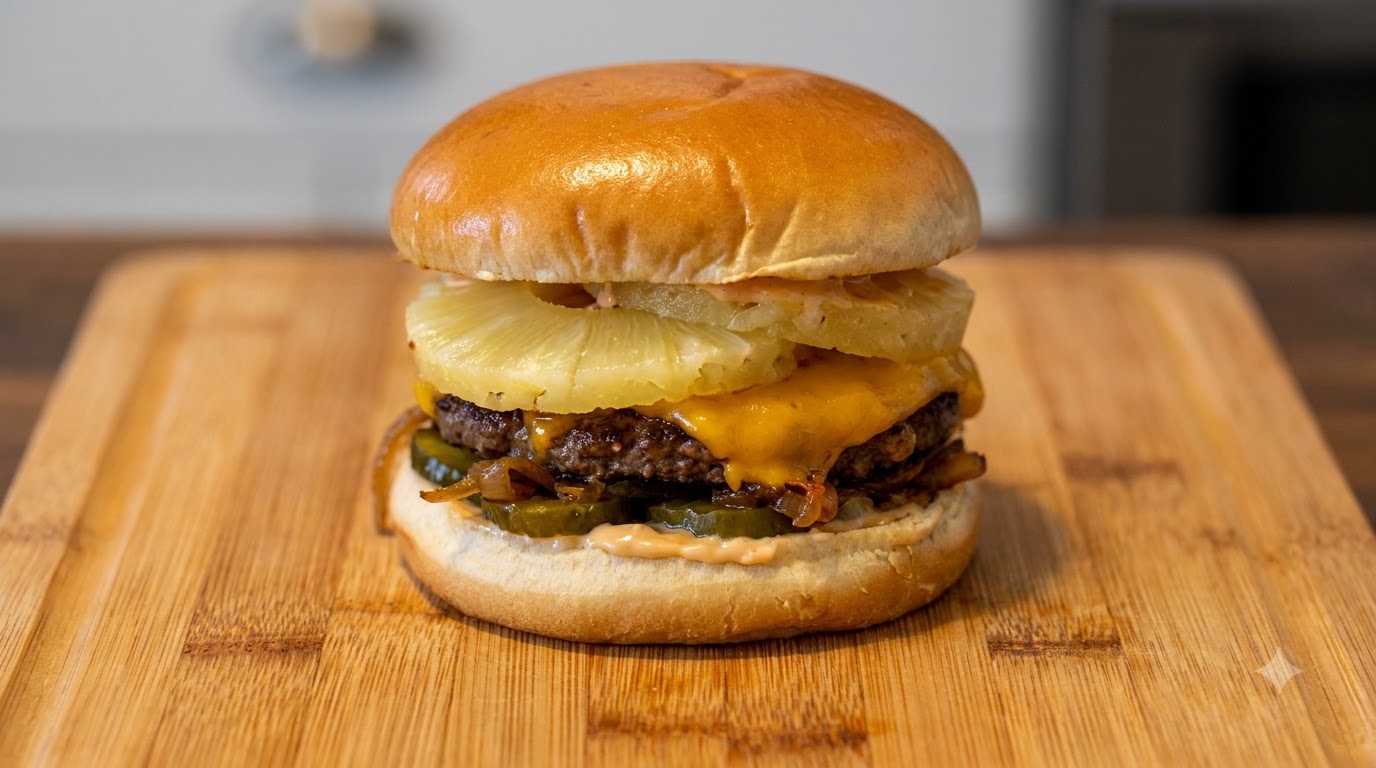 Una hamburguesa Luau completamente armada sobre una tabla de cortar de madera con pan tostado, carne jugosa, queso derretido y rodajas de piña.