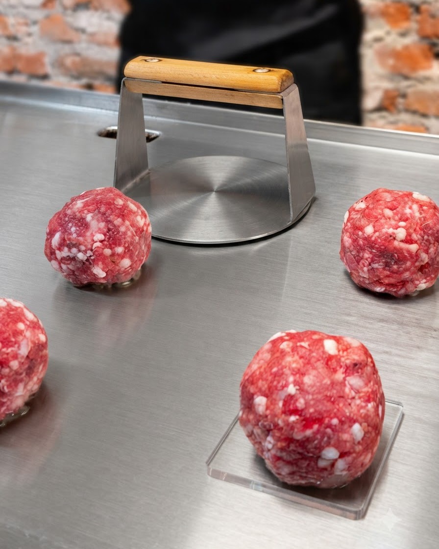 Una herramienta de prensa de metal aplanando una bola de carne picada sobre una plancha de acero inoxidable caliente.
