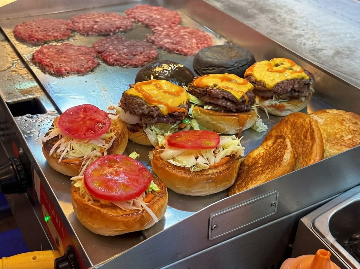 Dorando hamburguesas con queso fundido junto a panes de hamburguesa preparados, lechuga y tomates en rodajas.