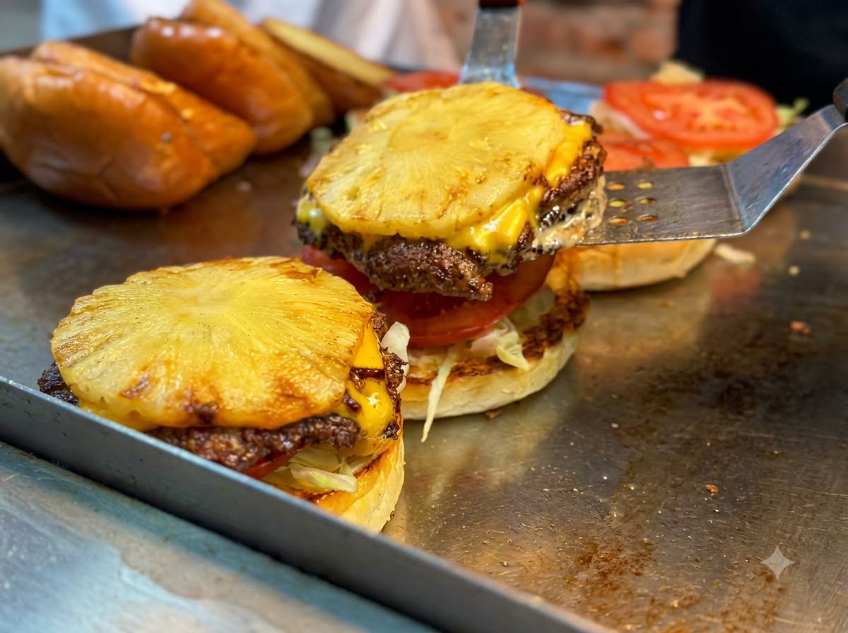 Una espátula de metal transfiriendo una hamburguesa a la parrilla con queso fundido y una rodaja de piña sobre la base de un pan.