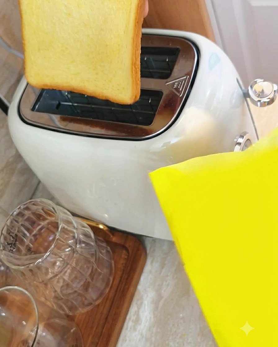 Dos rebanadas de pan de maíz bajo en azúcar siendo introducidas en las ranuras de una tostadora blanca.