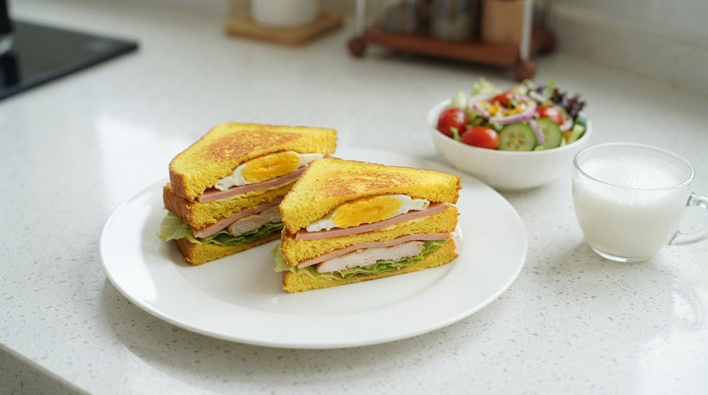 Un sándwich de pollo a la pimienta negra y jamón cortado servido con ensalada de verduras frescas y leche tibia.