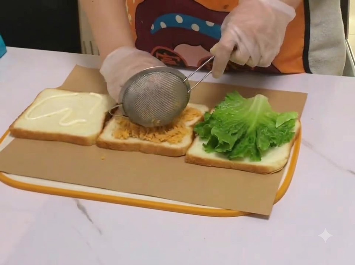 Maíz siendo tamizado a través de un colador de alambre pequeño sobre la capa de hilo de carne del sándwich.