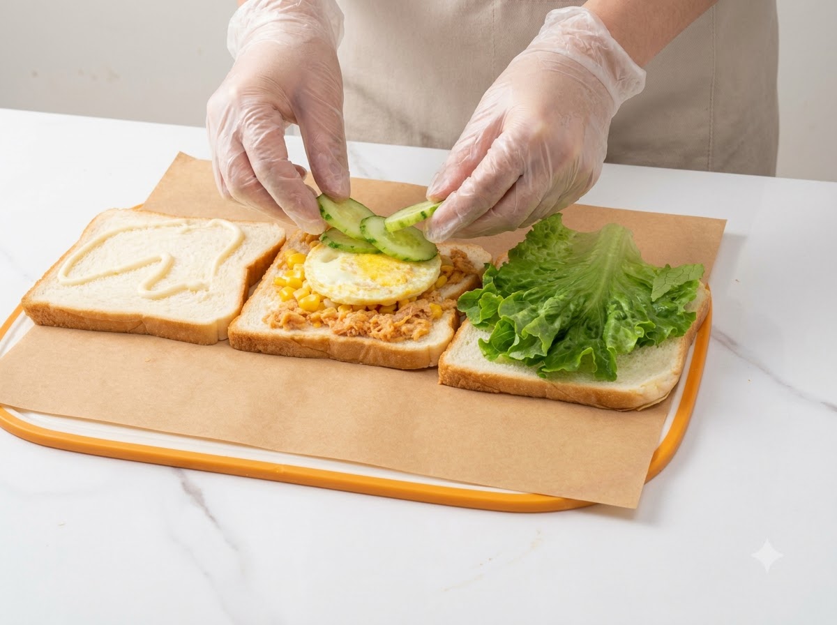 Rodajas finas de pepino y un huevo frito siendo dispuestos encima del relleno de maíz e hilo de carne.