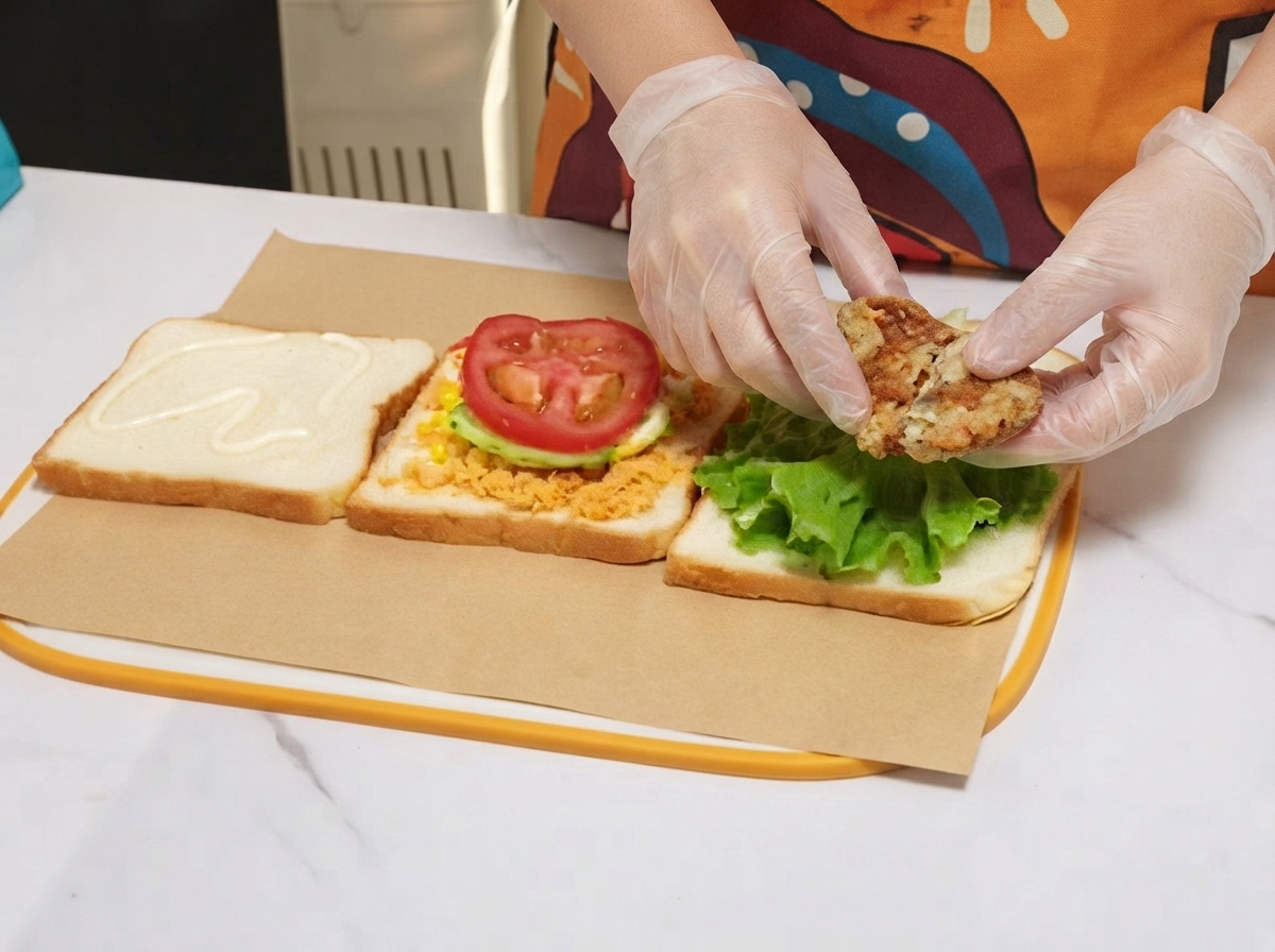 Una chuleta de pollo sazonada y cocida siendo posicionada sobre lechuga verde en una rebanada de pan de sándwich.