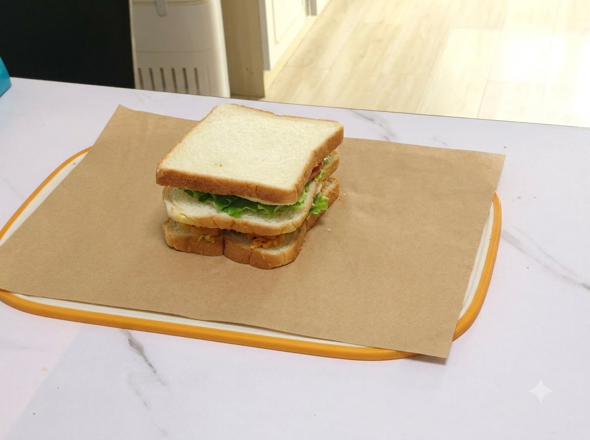 El sándwich apilado centrado en una hoja de papel encerado marrón listo para doblar.