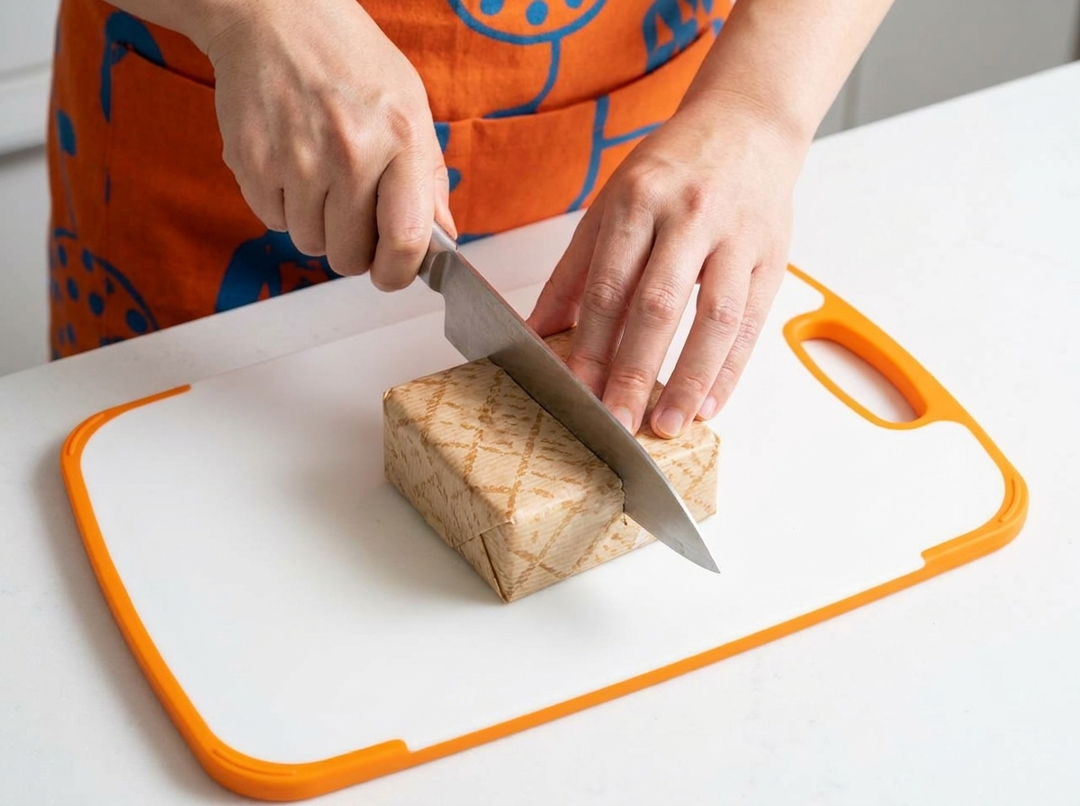 Un cuchillo afilado cortando a través del centro del sándwich envuelto en papel marrón sobre una tabla de cortar blanca.