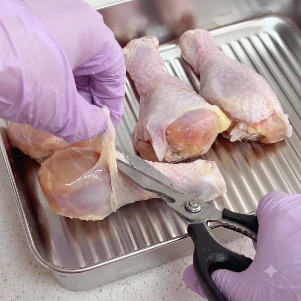 Un par de tijeras de cocina recortando la grasa de las patas de pollo crudas que descansan dentro de una bandeja de acero inoxidable.