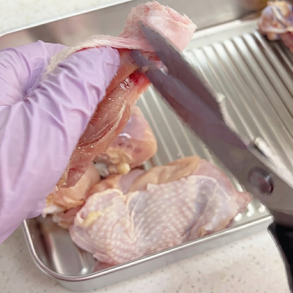 Tijeras de cocina cortando los tendones y la estructura ósea de una pata de pollo para quitar la carne.