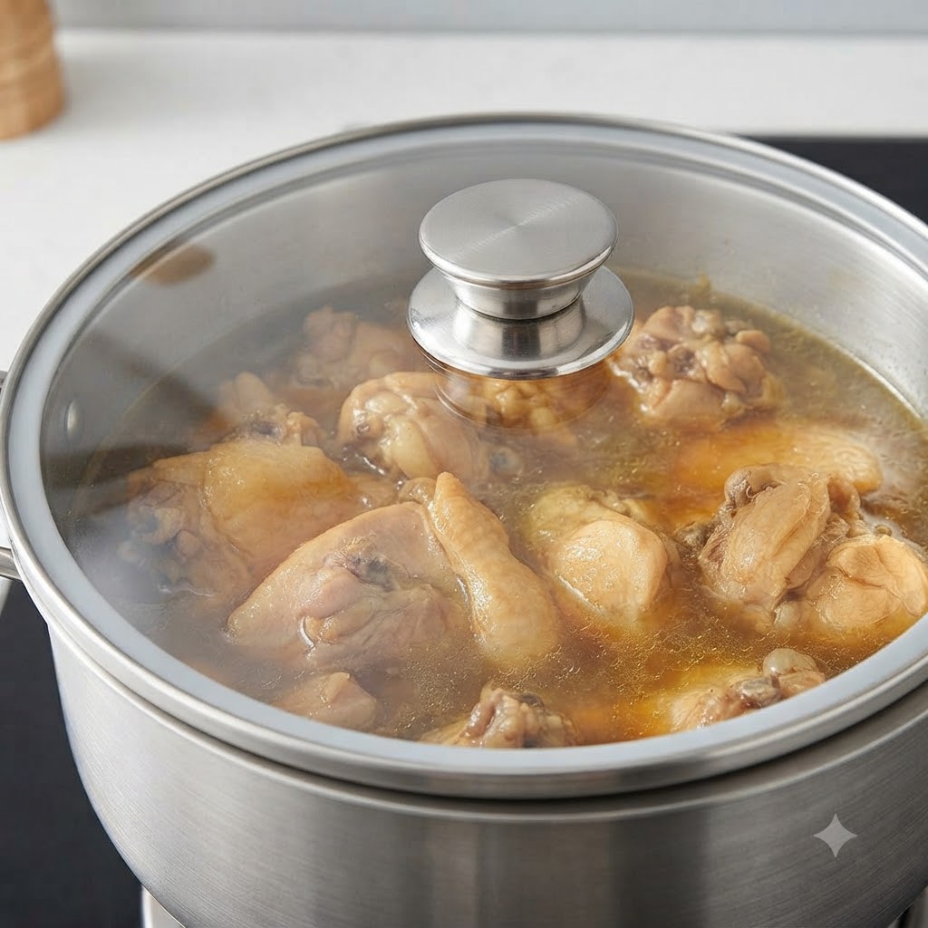 Una olla de acero inoxidable con una tapa de vidrio que cubre los muslos de pollo cocinándose a fuego lento en un caldo poco profundo.
