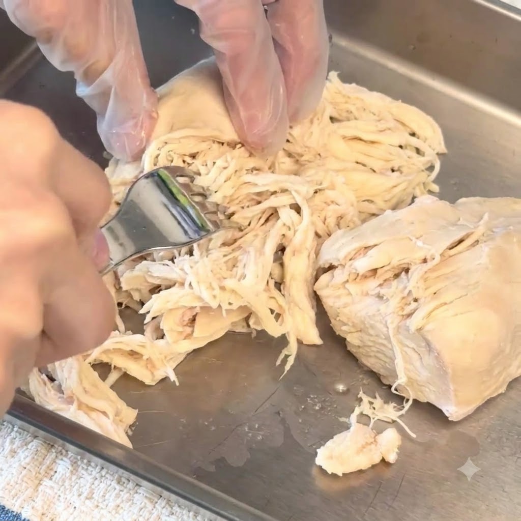 Pechuga de pollo cocida siendo separada en trozos finos sobre una bandeja usando un tenedor.