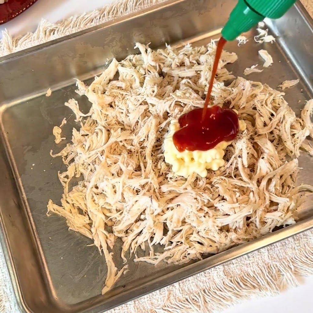 Salsa sriracha y mayonesa siendo esparcidas sobre una cama de pollo desmenuzado.