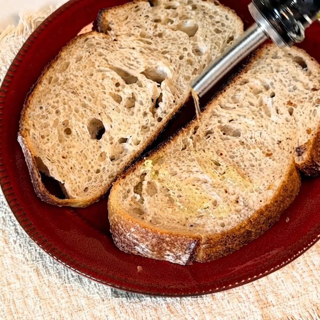 Aceite de oliva siendo vertido desde una botella sobre dos rebanadas de pan de masa madre.