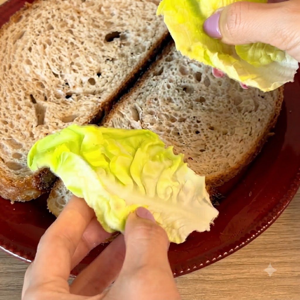 Hojas de lechuga verde fresca siendo colocadas sobre una rebanada de pan de masa madre.