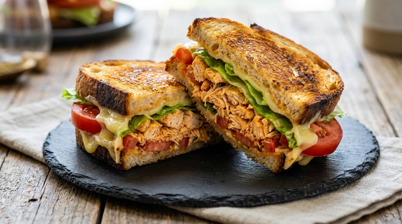 Sándwich de Pollo Desmenuzado Picante con Pan de Masa Madre