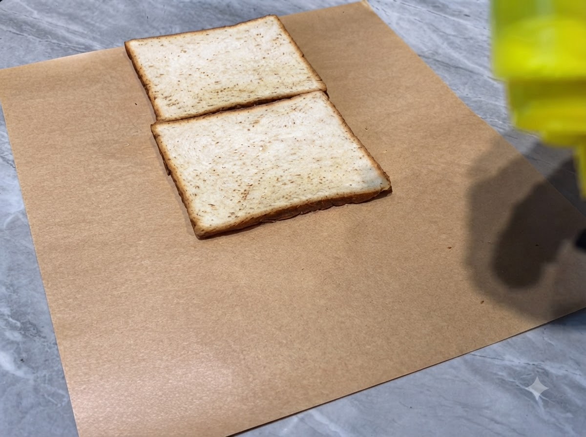 Tres rebanadas de pan tostado colocadas una al lado de la otra sobre papel marrón con líneas de mayonesa rociadas sobre ellas.