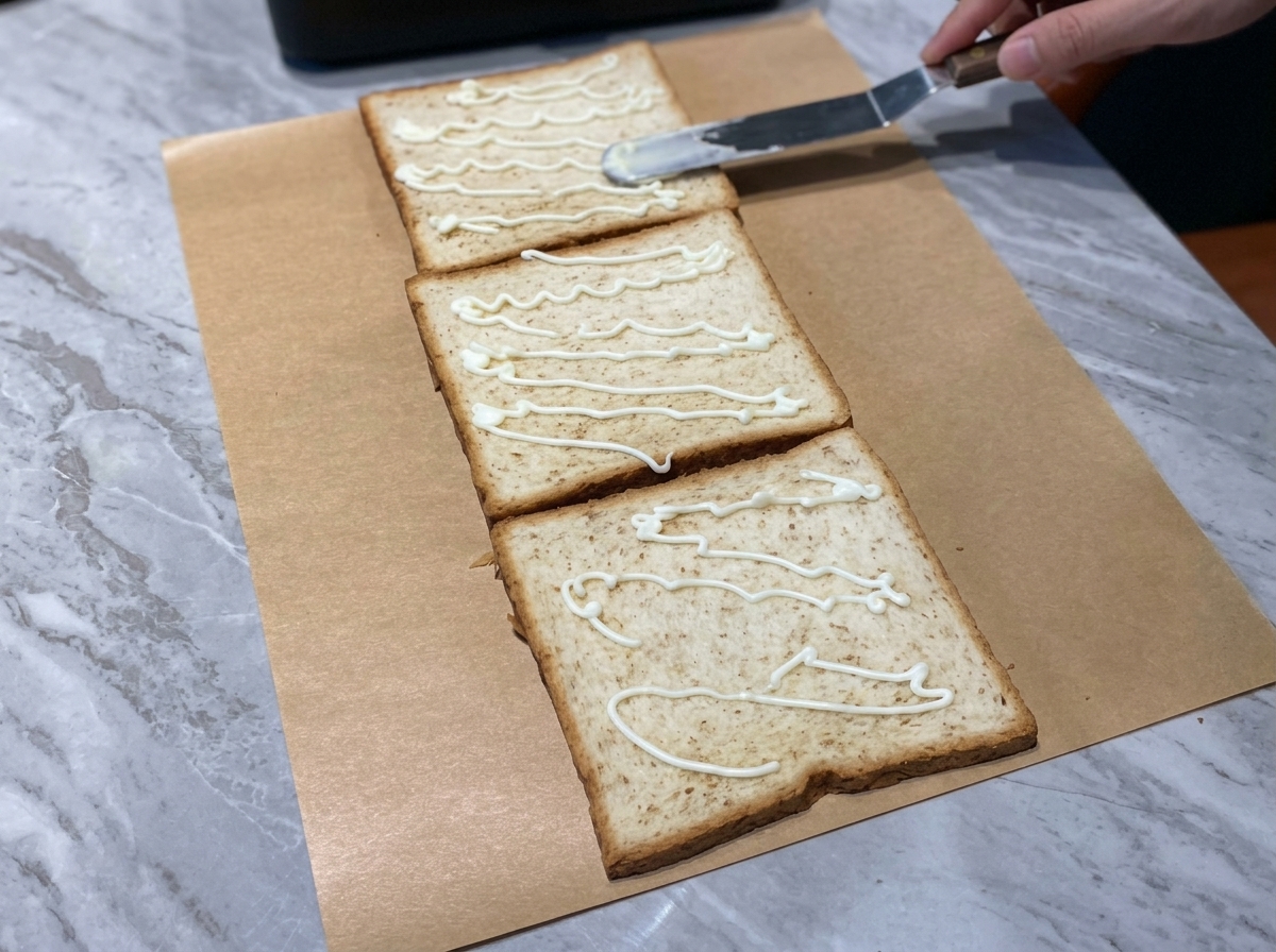 Hojas de lechuga verde fresca dispuestas encima de la primera rebanada de pan tostado con mayonesa rociada sobre ellas.