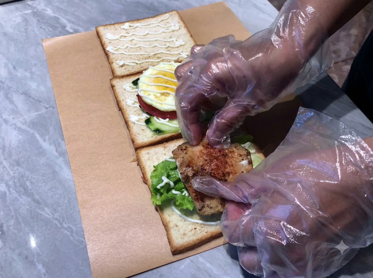 Una pechuga de pollo y col morada rallada agregadas a las capas del sándwich, rociadas con mayonesa.