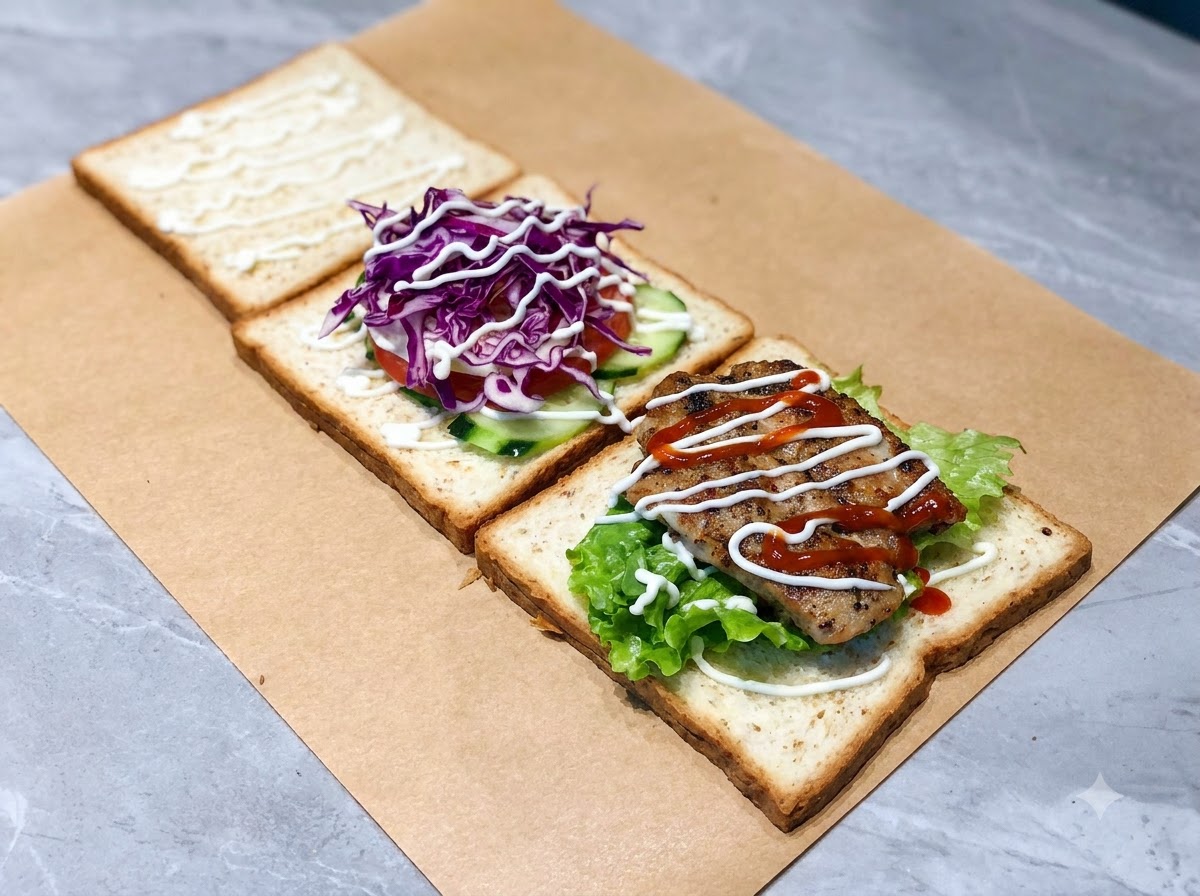 Kétchup, mostaza con miel y mayonesa aplicados sobre los ingredientes del sándwich armado.