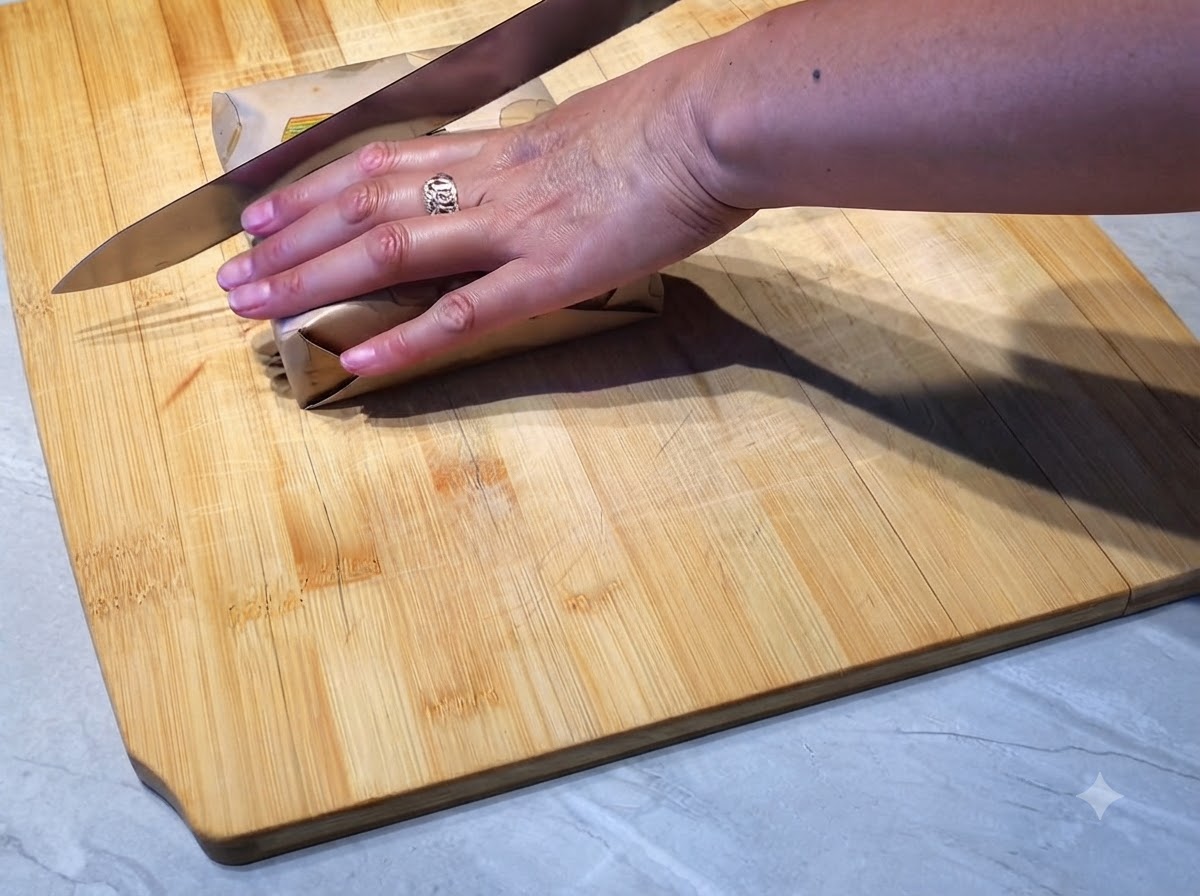 Un cuchillo de pan serrado cortando un sándwich envuelto en papel en diagonal por la mitad sobre una tabla de cortar de madera.