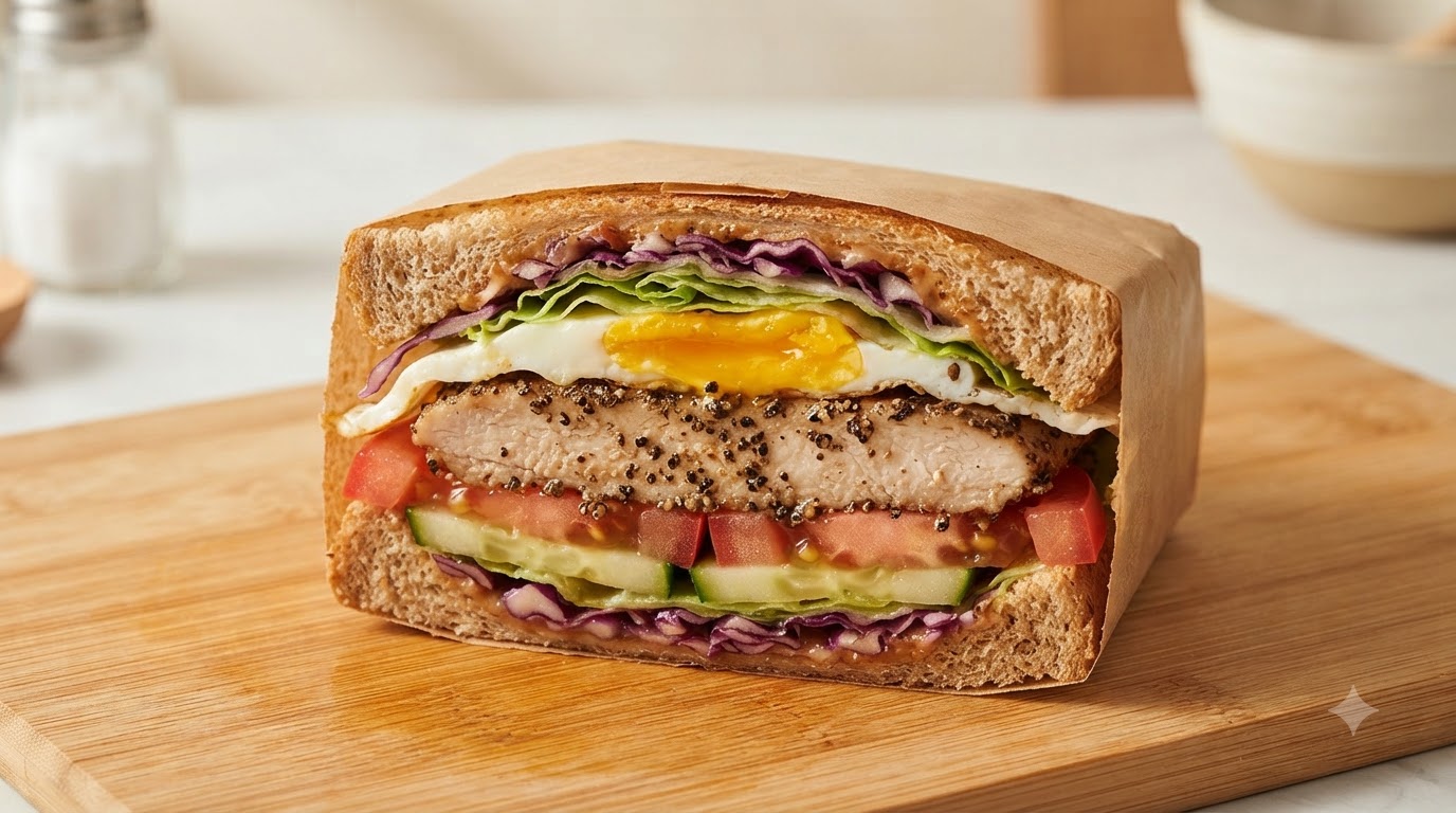 Una vista transversal de un sándwich recién cortado que muestra capas de pollo, huevo, tomate, pepino, col morada y lechuga.