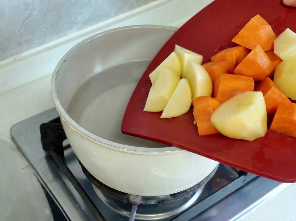 Trozos de patata y zanahoria hirviendo dentro de una olla en el quemador caliente de la estufa.