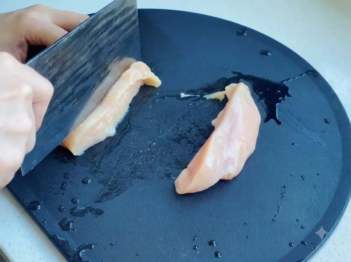 Pechuga de pollo cruda siendo cortada con una cuchilla sobre una superficie de corte oscura.