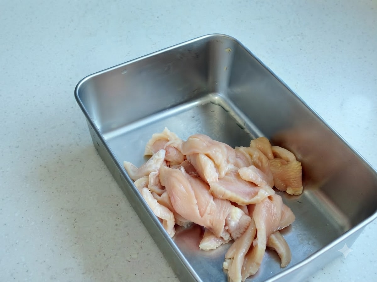 Pollo cortado en un recipiente de metal con varios polvos de condimentos y salsas añadidas.