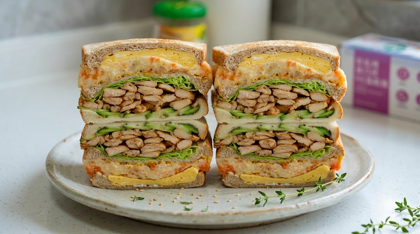 Sándwich grueso de pollo y puré de patatas con agua adelgazante de supermodelo