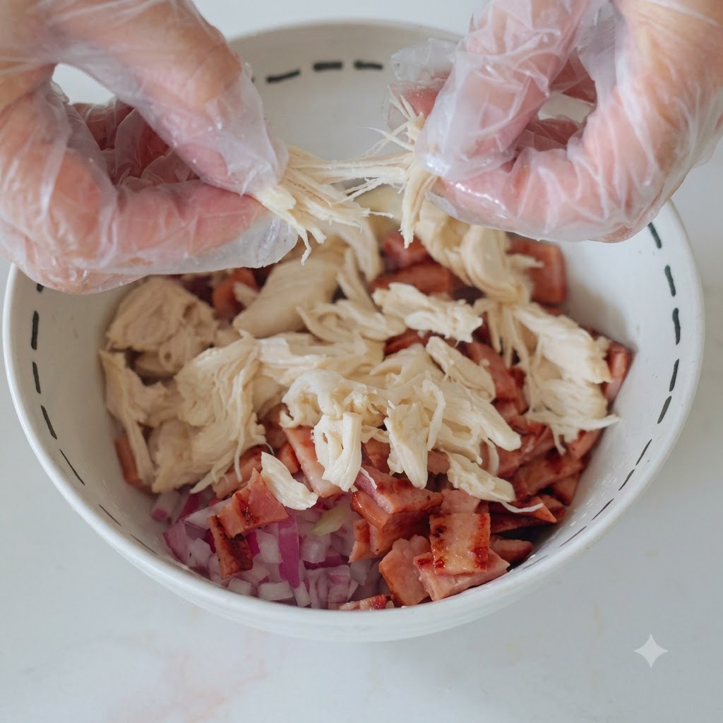 Pechuga de pollo cocida siendo separada y desmenuzada a mano dentro de un tazón.