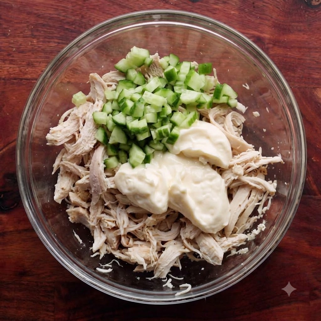 Pepinos verdes finamente picados añadidos al bol de cristal con pollo y mayonesa.