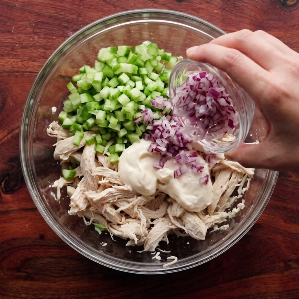 Cebolla morada picada siendo vertida desde un plato pequeño al bol de mezcla.