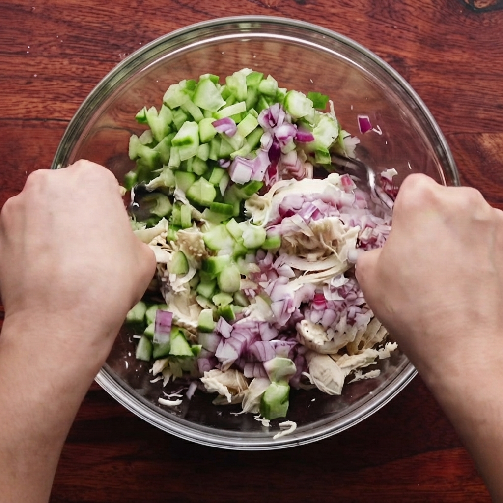Dos manos usando tenedores para mezclar el pollo, el pepino, la cebolla y la mayonesa dentro de un bol de cristal.