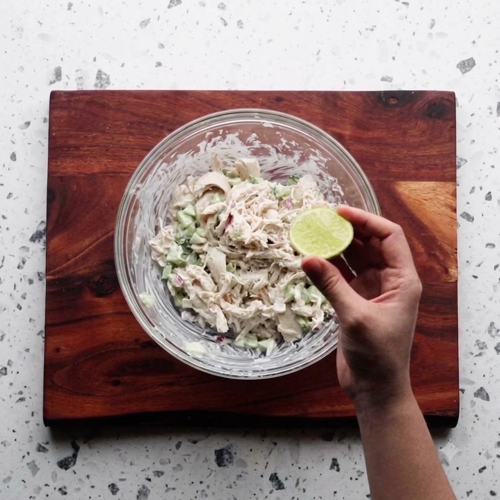 Una mano sosteniendo media lima fresca sobre el bol de ensalada de pollo mixta.