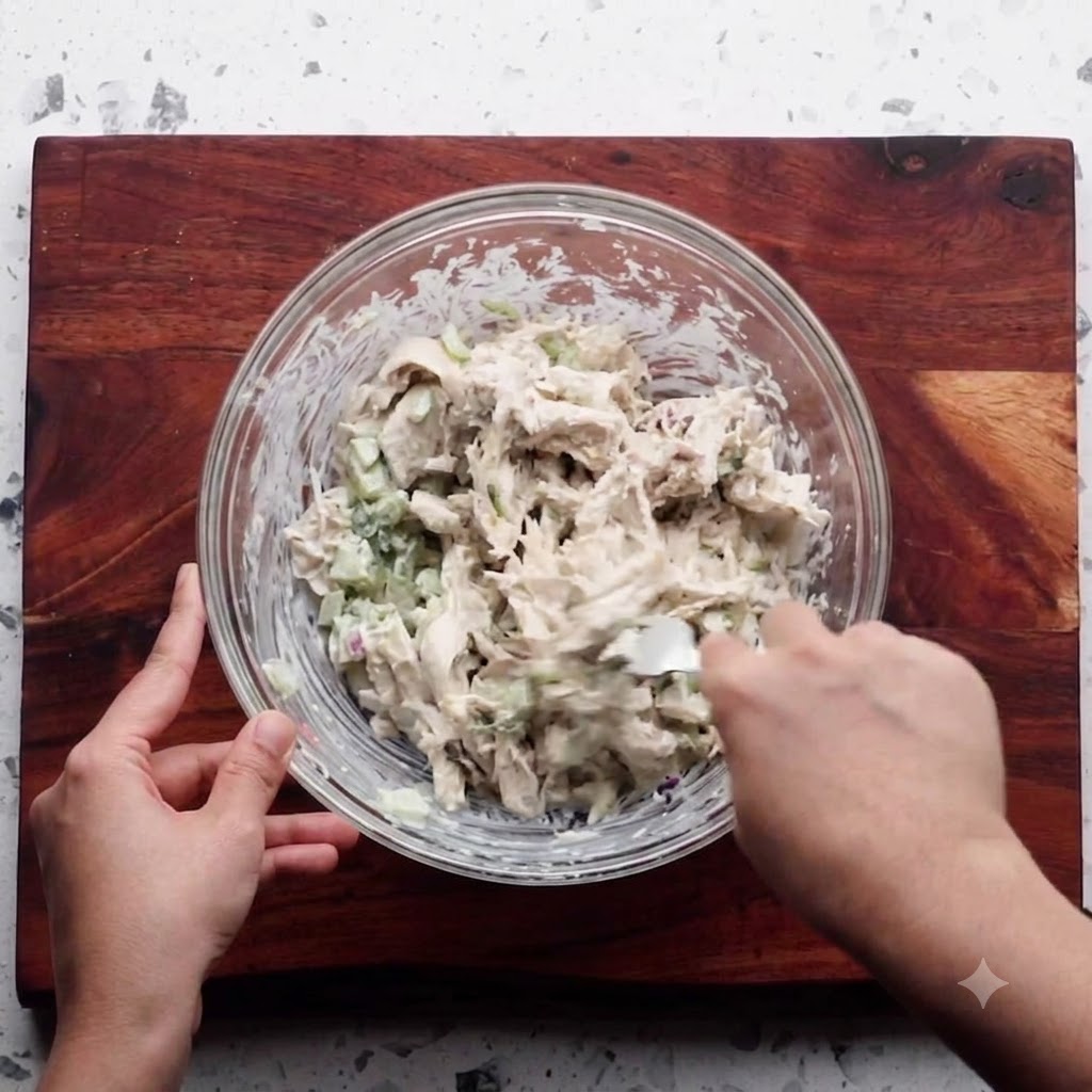 Un bol de cristal transparente lleno de una mezcla de ensalada cremosa de pollo y verduras siendo removido con un tenedor.