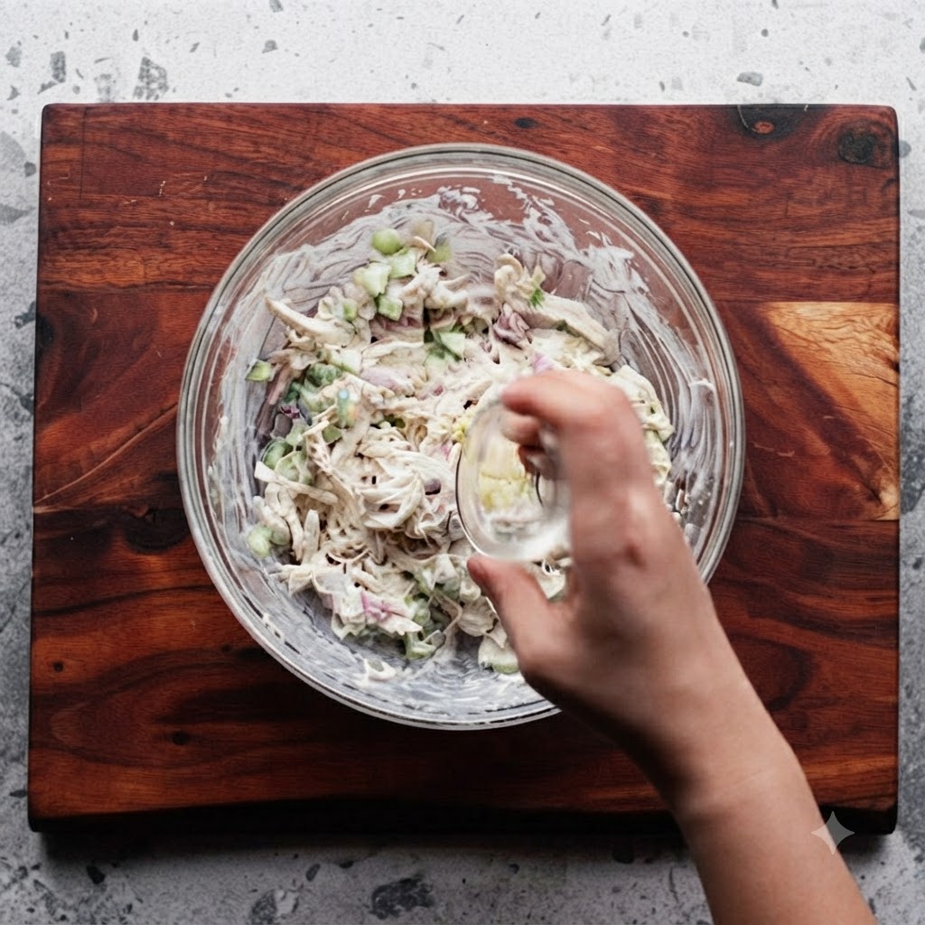 Una mano vertiendo ajo picado desde un plato pequeño de cristal en un bol de ensalada de pollo.