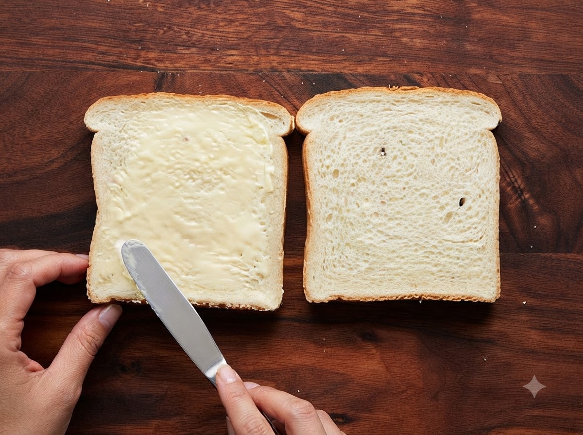 Un cuchillo de mantequilla untando mantequilla de forma uniforme sobre una rebanada de pan de molde blanco junto a una rebanada lisa.