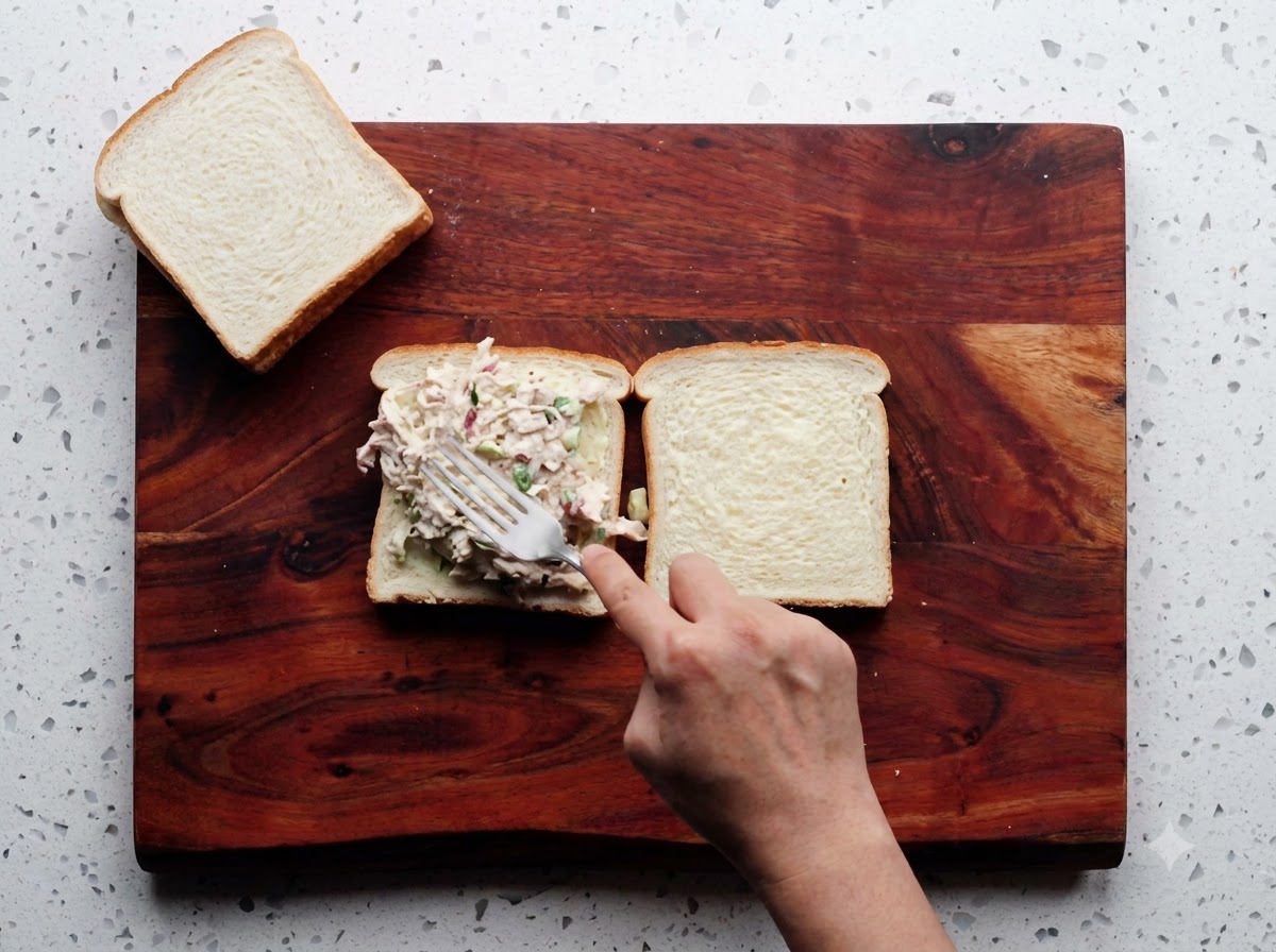 Un tenedor colocando relleno de ensalada de pollo sobre una rebanada de pan blanco con mantequilla en una tabla de madera.