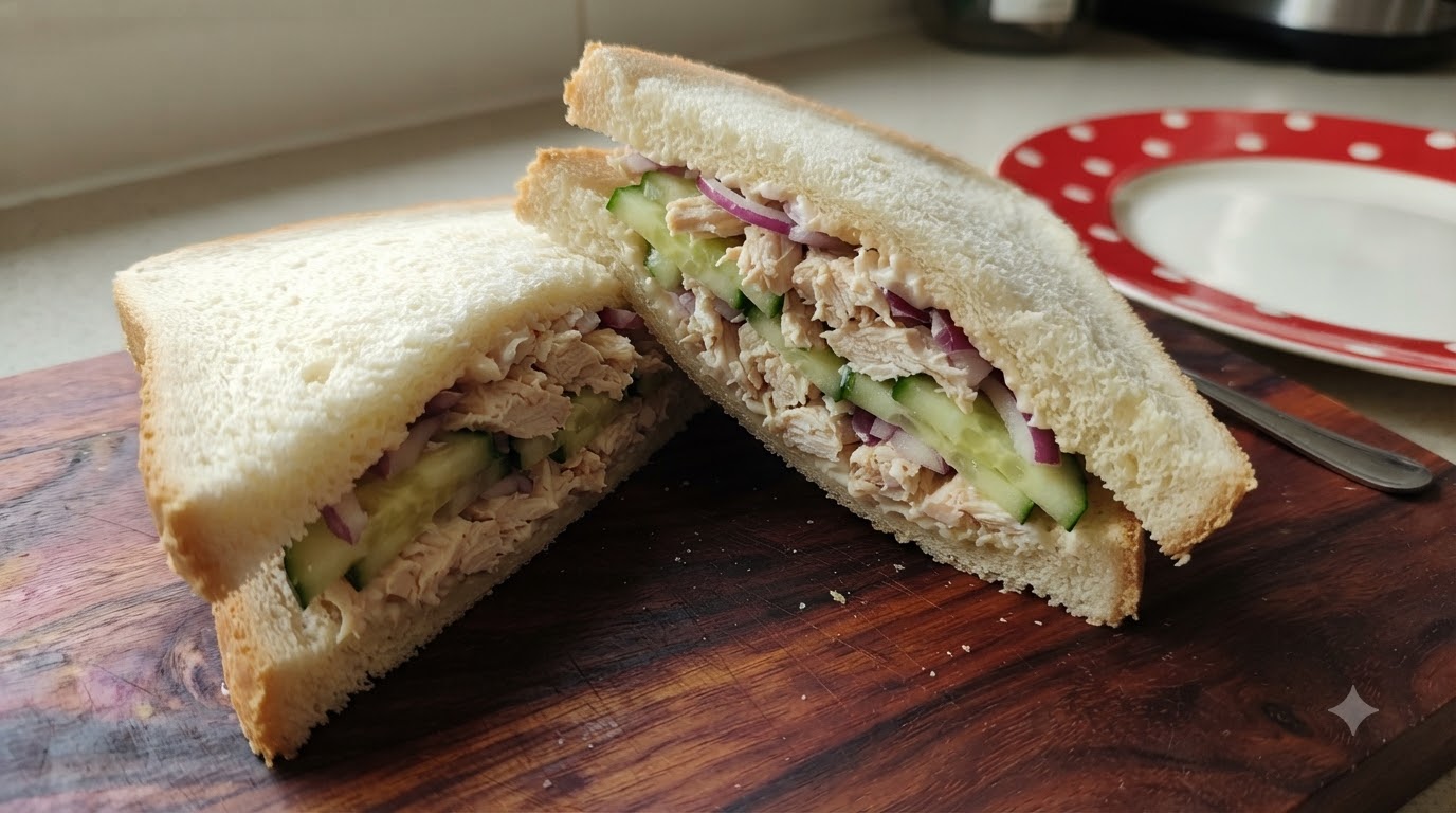 Dos mitades de un sándwich de pechuga de pollo relleno de pollo desmenuzado, mayonesa, pepino y cebolla morada